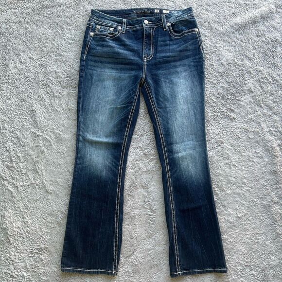 Miss Me Mid Rise Curvy Boot Jeans Size 32 Embellished Distressed Pockets K220 - Picture 4 of 7